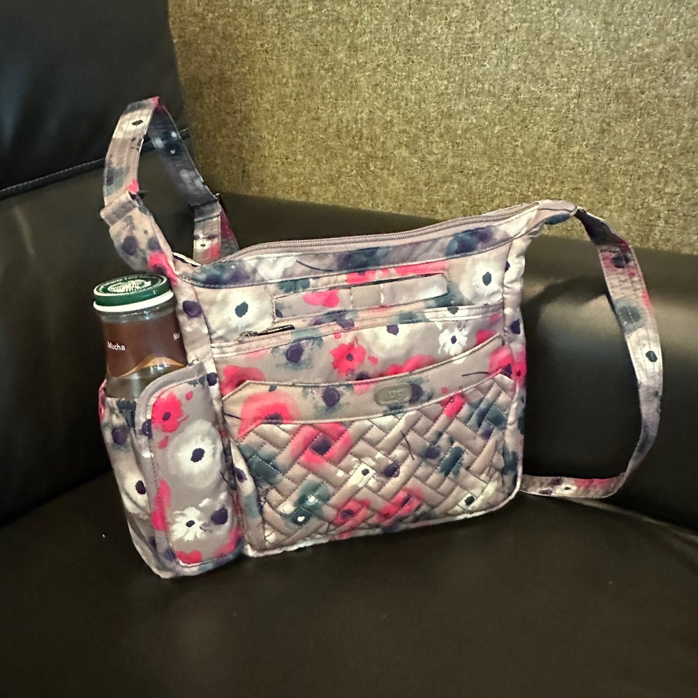 Lug Flutter Crossbody Bag Watercolor Floral Grey Pink Purple Purse Adj Strap